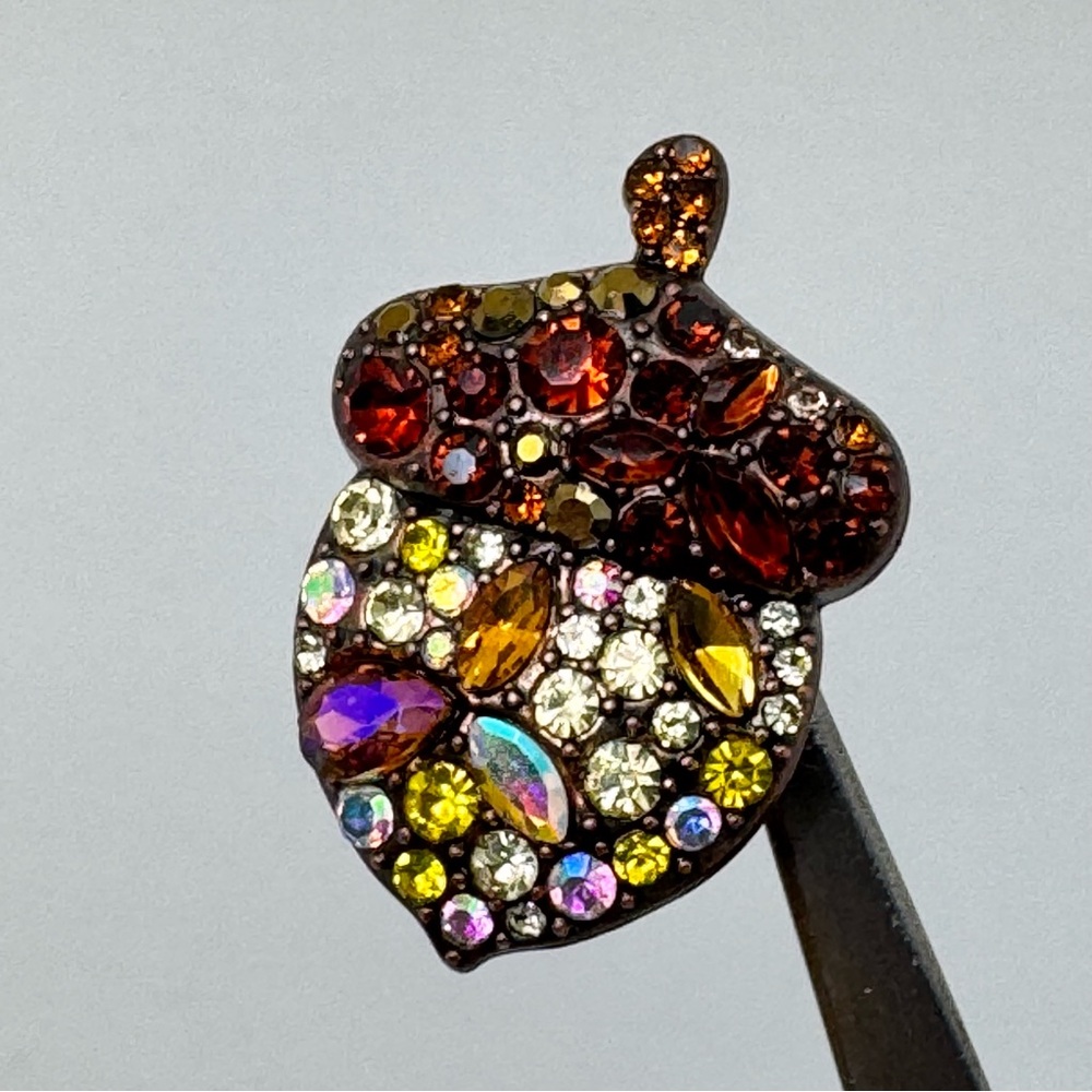 Copper Tone Multicolor Crystal Acorn Brooch Fall Pin Nature Glam Sparkle Boho